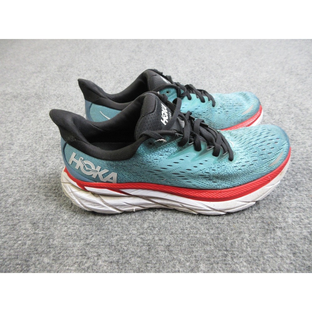 Hoka One One Clifton 8 Shoes Mens Size 9D Blue Red Running Athletic Lightweight